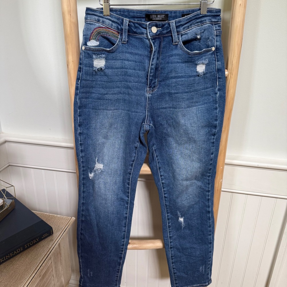 Judy Blue Rainbow Embroidered Distressed Straight Leg Jeans Blue 7/28 MD